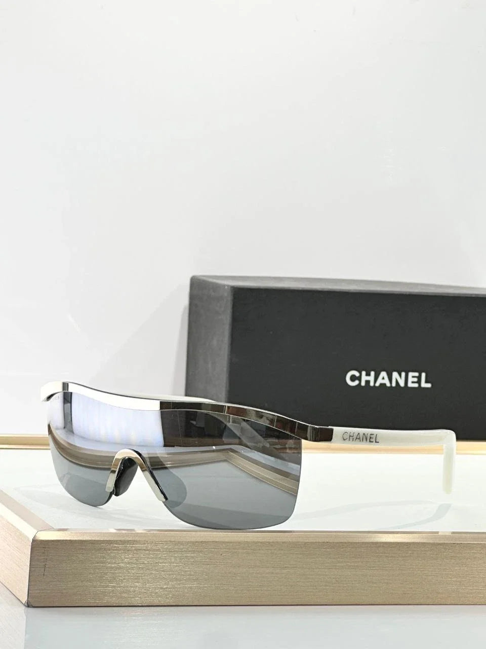 Chanel Designer Sunglasses – Luxury Shield Shades, Silver/White Frame, Grey Lens