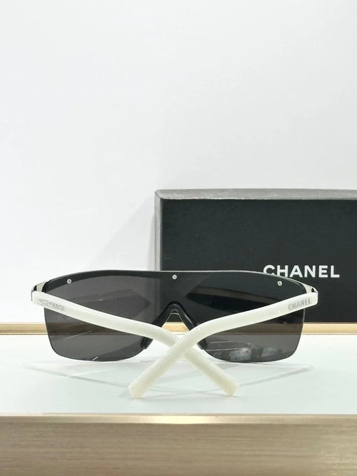 Chanel Designer Sunglasses – Luxury Shield Shades, Silver/White Frame, Grey Lens