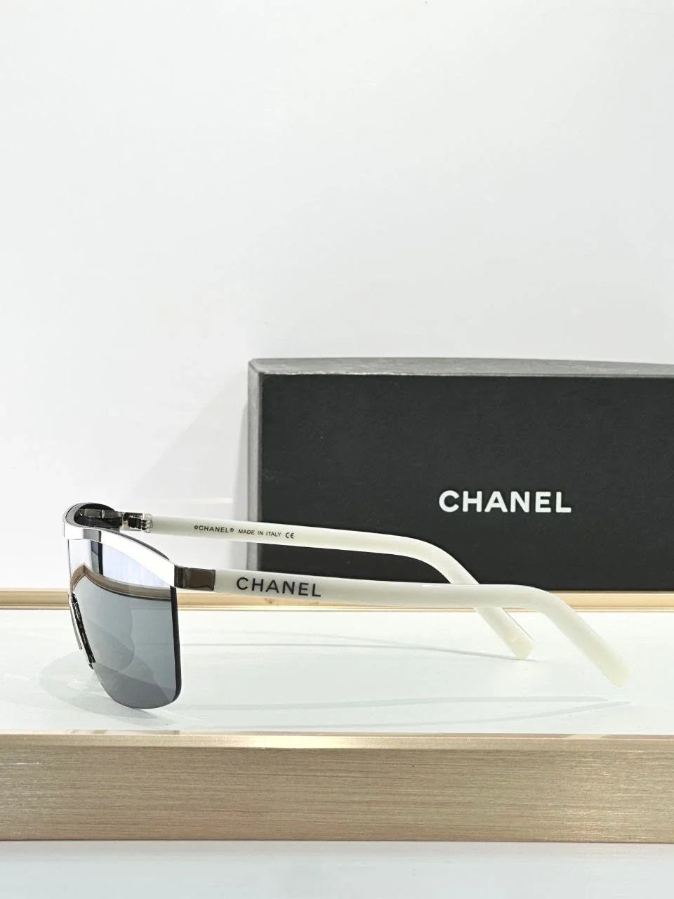 Chanel Designer Sunglasses – Luxury Shield Shades, Silver/White Frame, Grey Lens